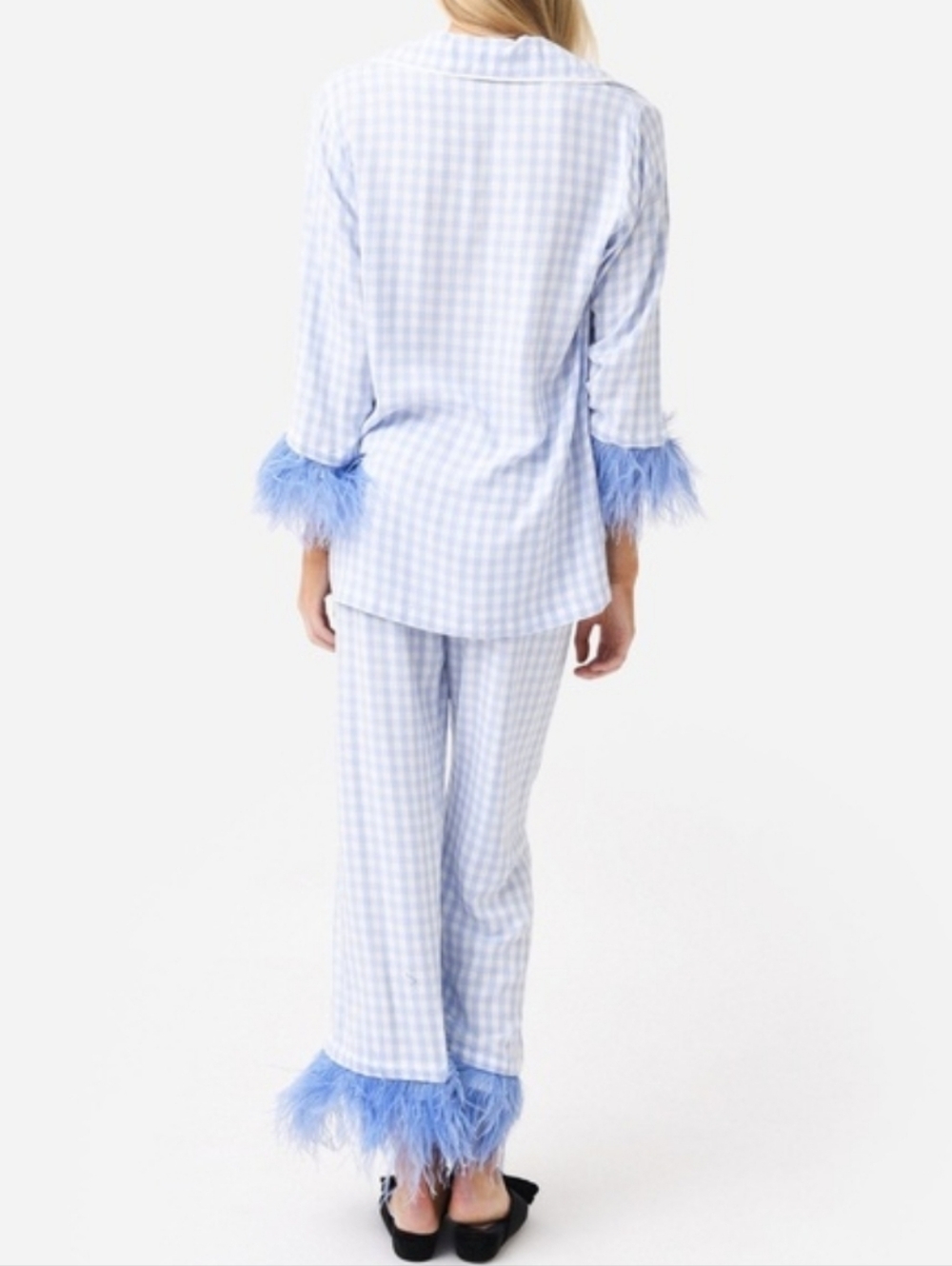 SLEEPER Blue Gingham Feather Trim Pajama Set Bridal Wedding Morning Ostrich - Picture 9 of 9